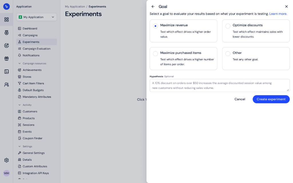 Choosing a goal for the experiment — maximize revenue, optimize discounts, or purchased items
