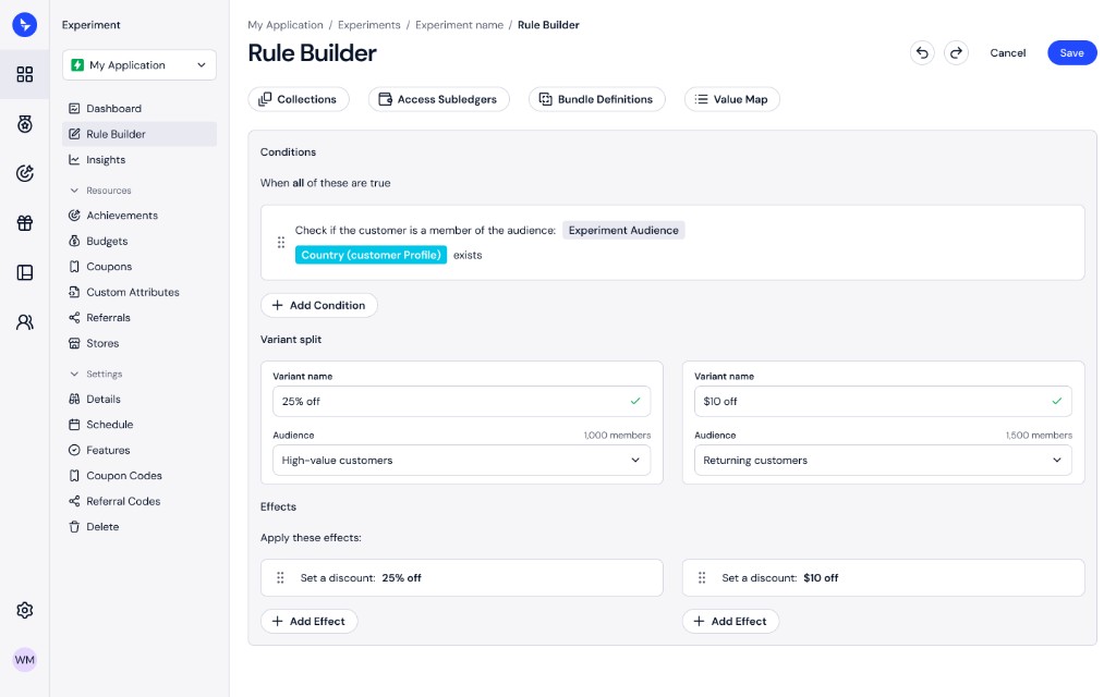 Rule Builder with audience-based variant split and discount effects