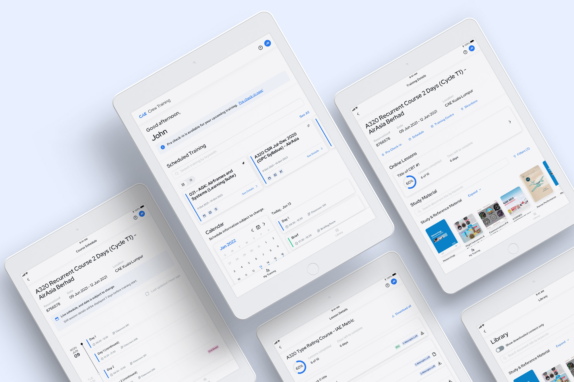 Crew Training redesign across iPad screens — home, course details, lessons, and library