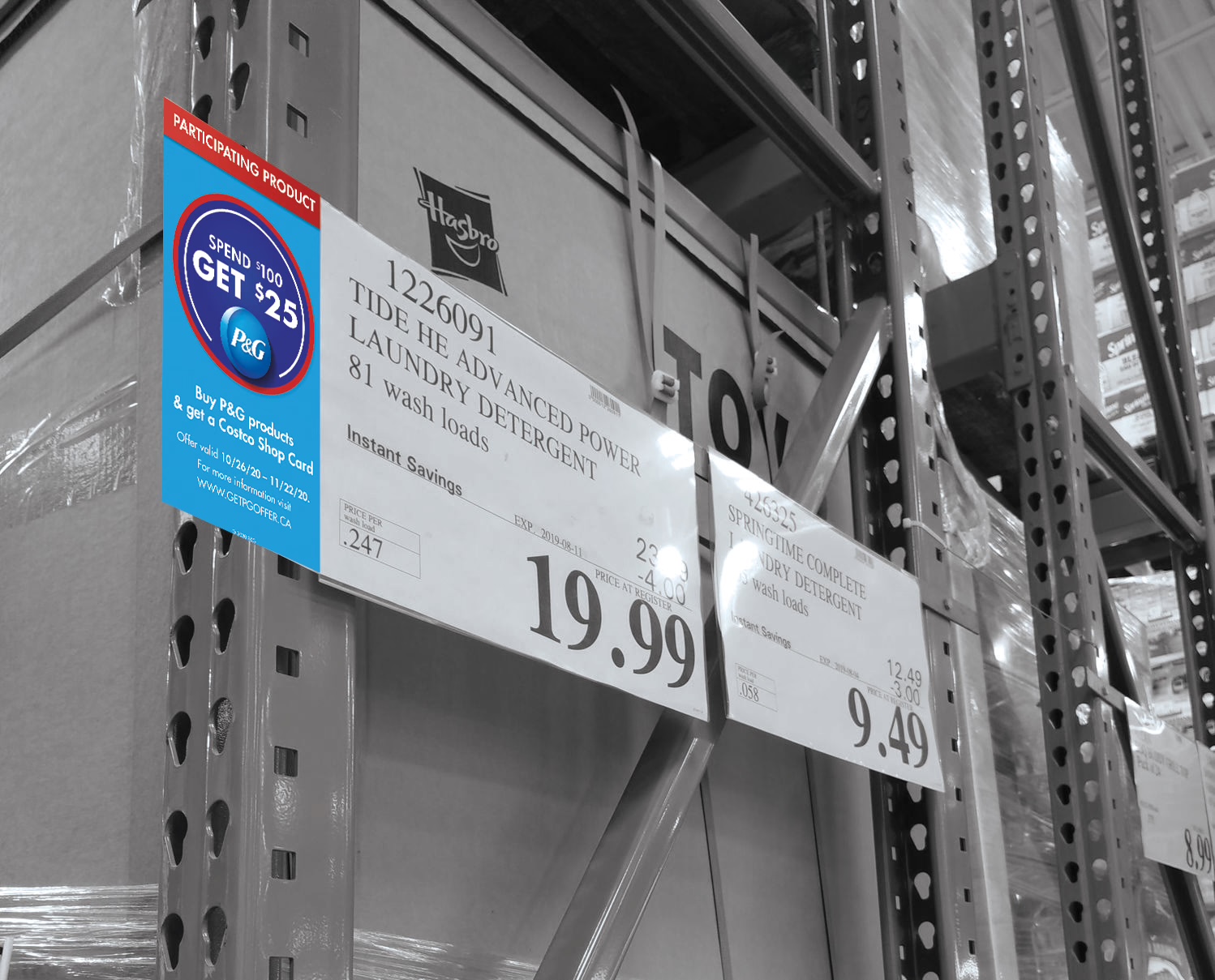 Participating product price-sign hanger on a Costco pallet